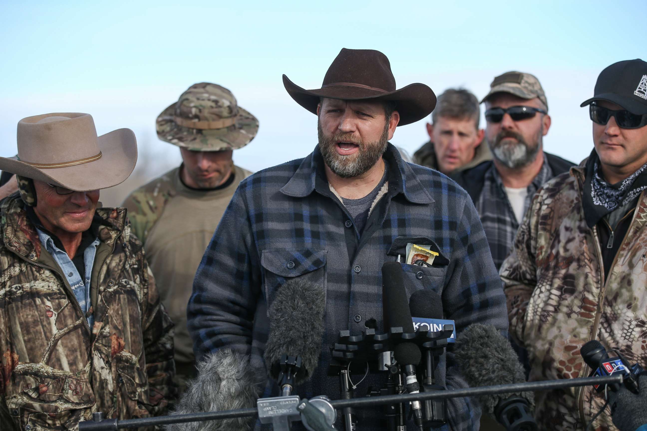 PHOTO: Ammon Bundy, the leader of an anti-government militia, speaks to members of the media in front of the Malheur National Wildlife Refuge Headquarters on January 6, 2016, near Burns, Oregon.