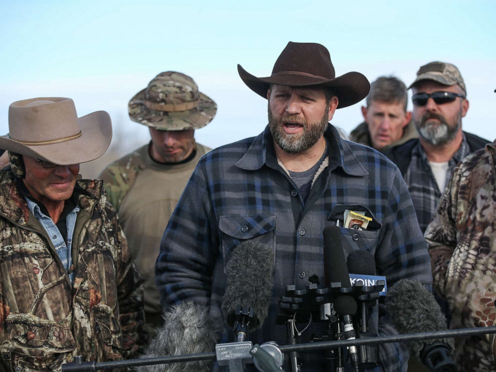 PHOTO: Ammon Bundy, the leader of an anti-government militia, speaks to members of the media in front of the Malheur National Wildlife Refuge Headquarters on January 6, 2016, near Burns, Oregon.