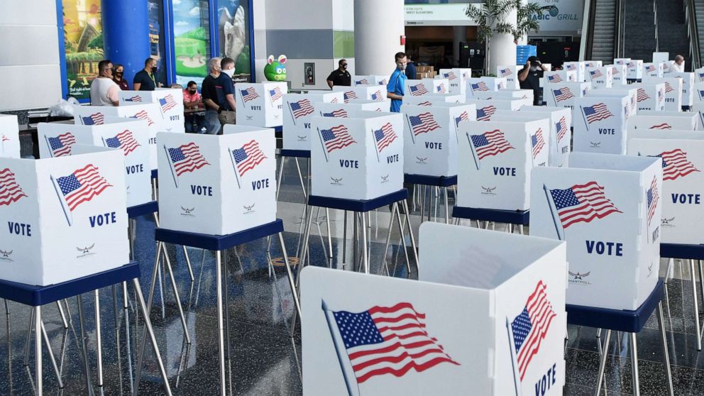 PHOTO: Election workers set up voting booths at an early voting site at the Amway Center, Oct. 15, 2020, in Orlando, Florida.