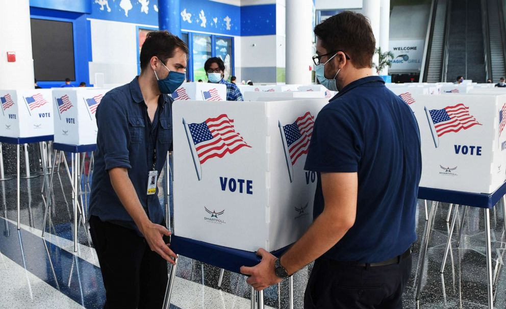 PHOTO: Election workers set up voting booths at an early voting site at the Amway Center, Oct. 15, 2020, in Orlando, Florida.