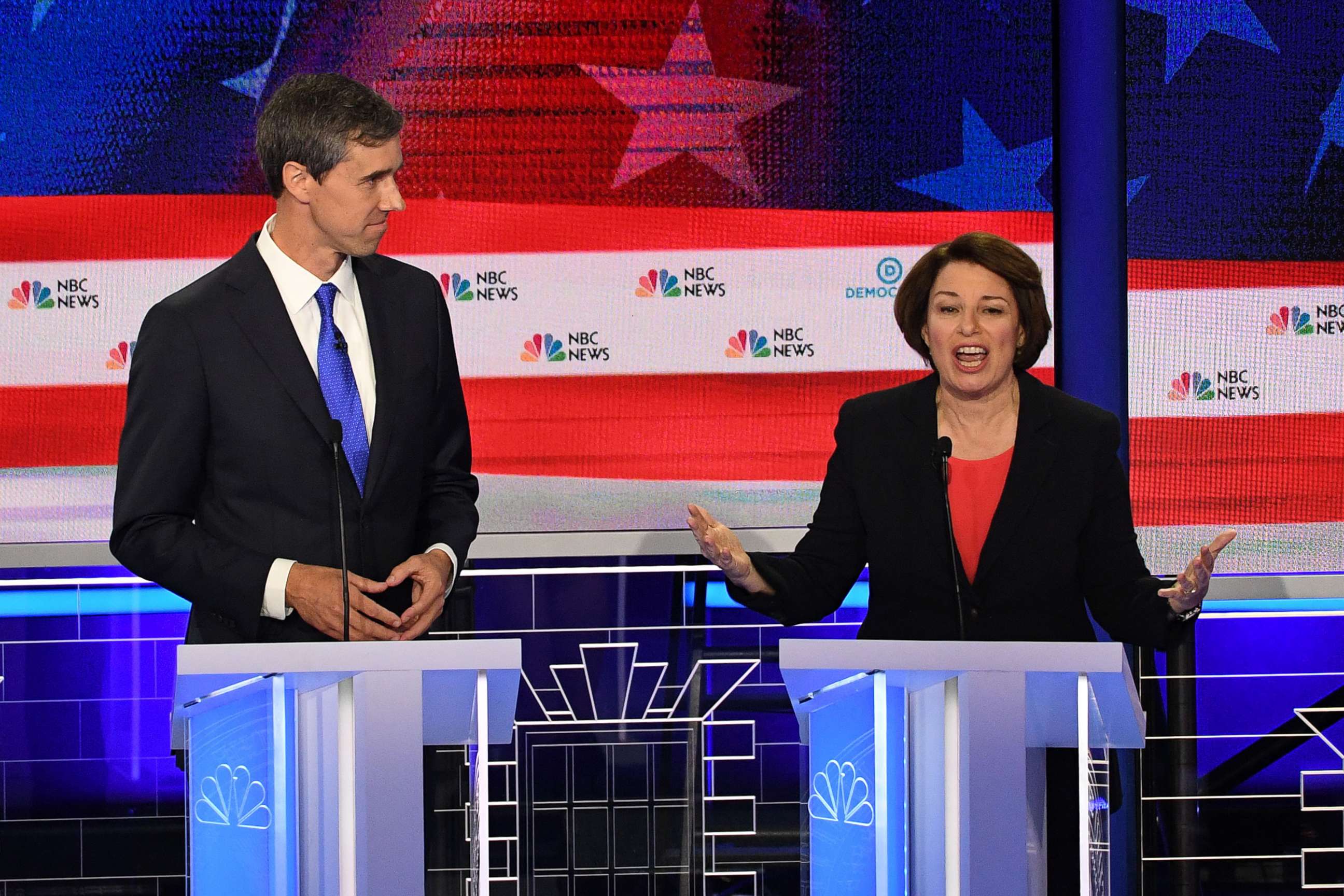 PHOTO: Beto O'Rourke and Amy Klobuchar participate in the first Democratic primary debate hosted by NBC News at the Adrienne Arsht Center for the Performing Arts in Miami, Florida, June 26, 2019.