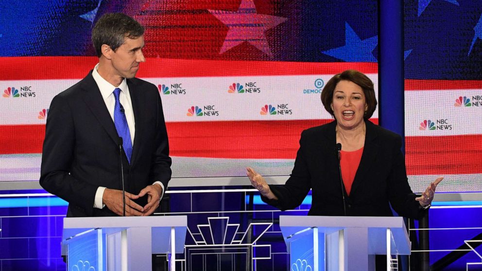 PHOTO: Beto O'Rourke and Amy Klobuchar participate in the first Democratic primary debate hosted by NBC News at the Adrienne Arsht Center for the Performing Arts in Miami, Florida, June 26, 2019.