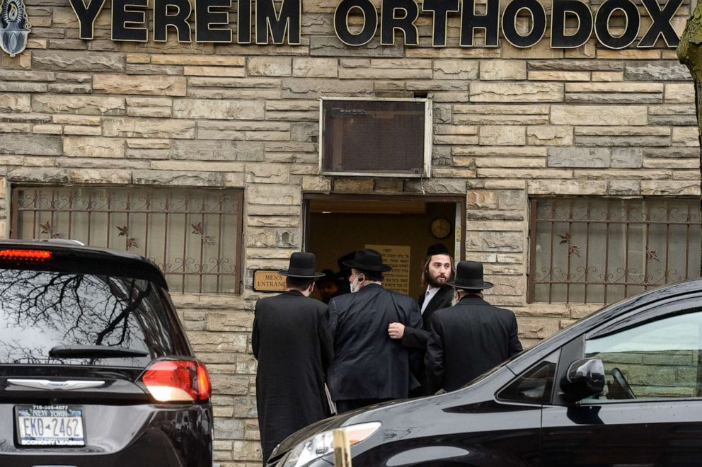PHOTO: Ultra-Orthodox Jews are shown entering the Yereim Orthodox Chapel on March 31, 2020, in Brooklyn, New York.