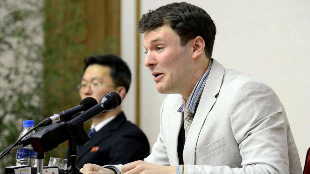 PHOTO: US student Otto Frederick Warmbier, who was arrested for committing hostile acts against North Korea, speaks at a press conference in Pyongyang, Feb. 29, 2016.