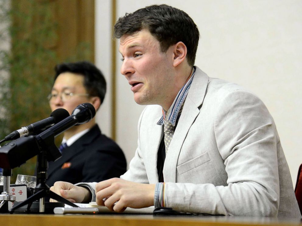 PHOTO: US student Otto Frederick Warmbier, who was arrested for committing hostile acts against North Korea, speaks at a press conference in Pyongyang, Feb. 29, 2016.