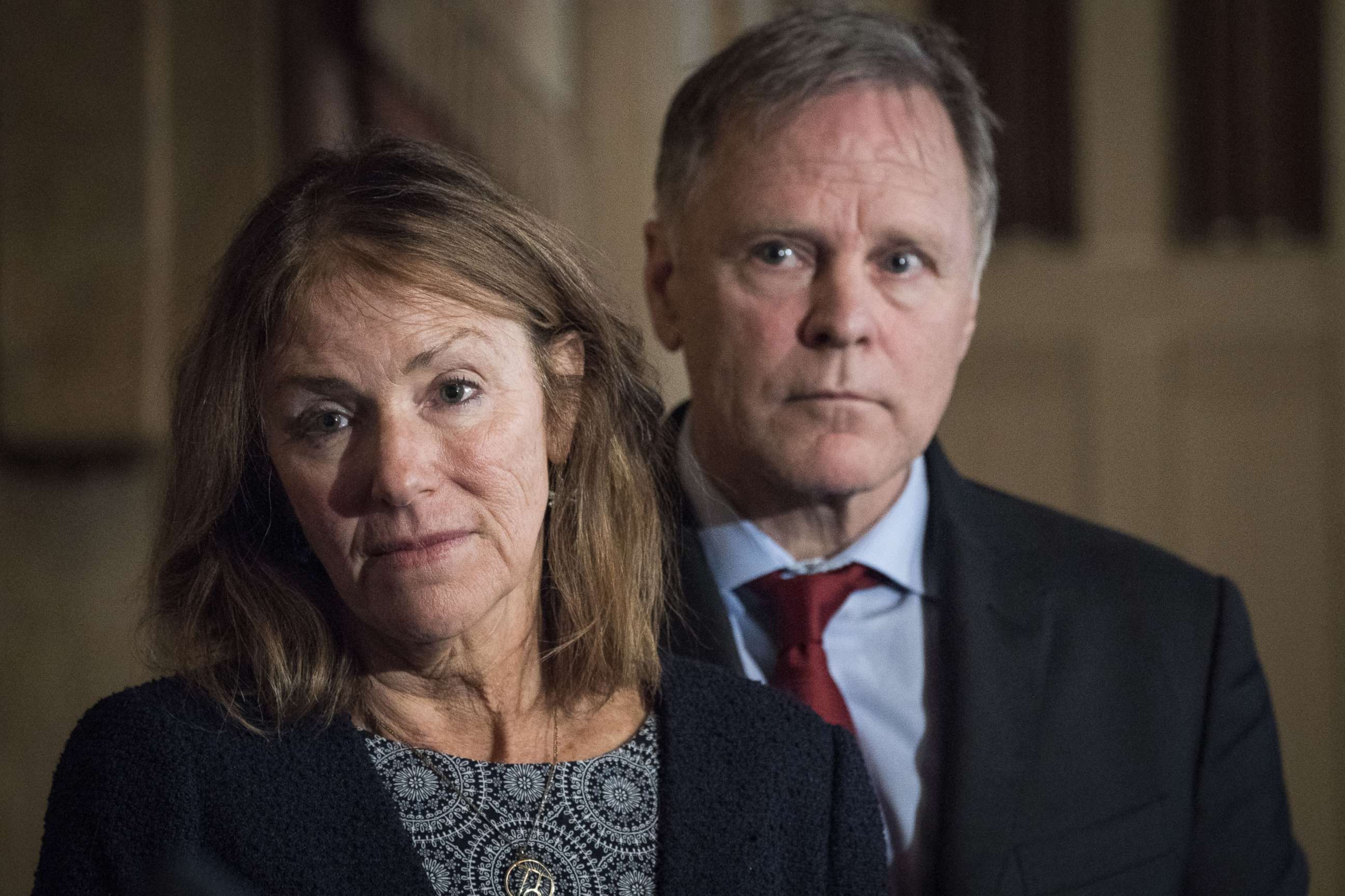 PHOTO: Cindy and Fred Warmbier, parents of Otto Warmbier, who died after being held prisoner in North Korea, listen during a press conference on Dec. 18, 2019 in Washington, D.C.