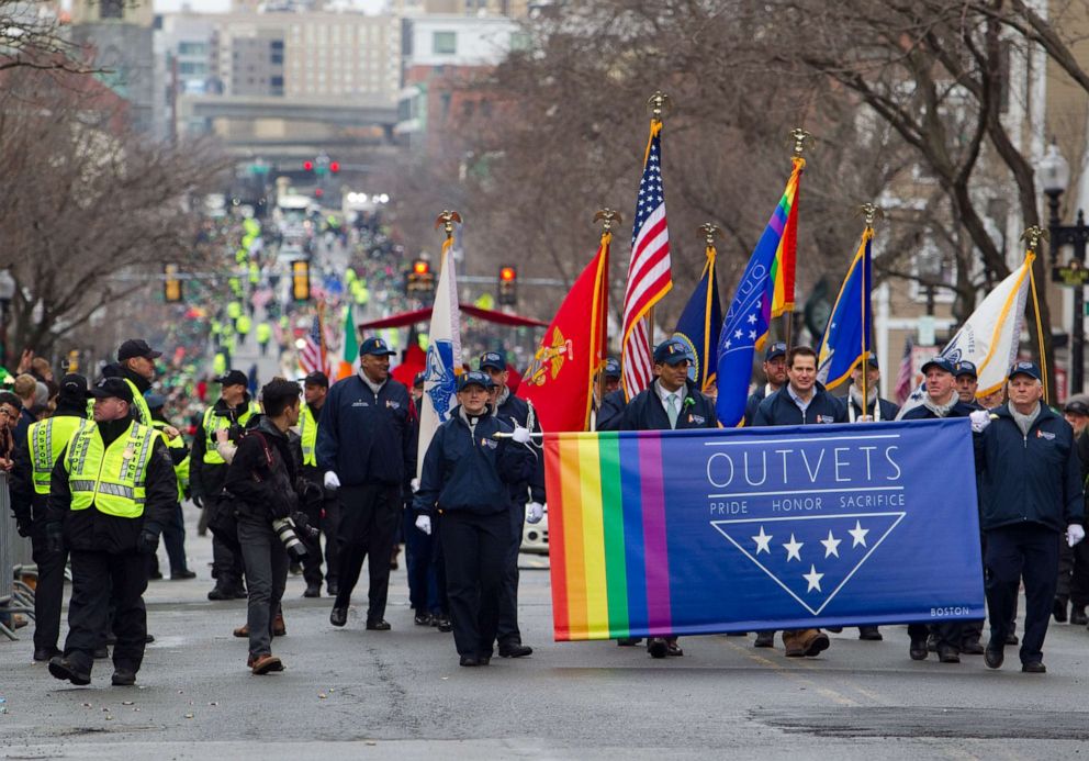PHOTO: Massachusetts Congressman Seth Moulton marches with OUTVETS, a non-profit that highlights the rights and contributions of LGBTQ veterans, active service members, and their families in Boston, March 15, 2015.