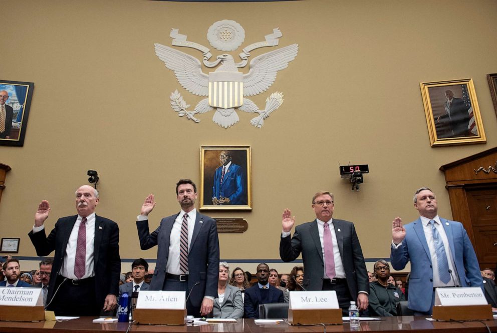 PHOTO: Members of the Washington, D.C. government are sworn-in before testifying during a House Oversight and Accountability Committee's hearing on March 29, 2023, on Capitol Hill in Washington.