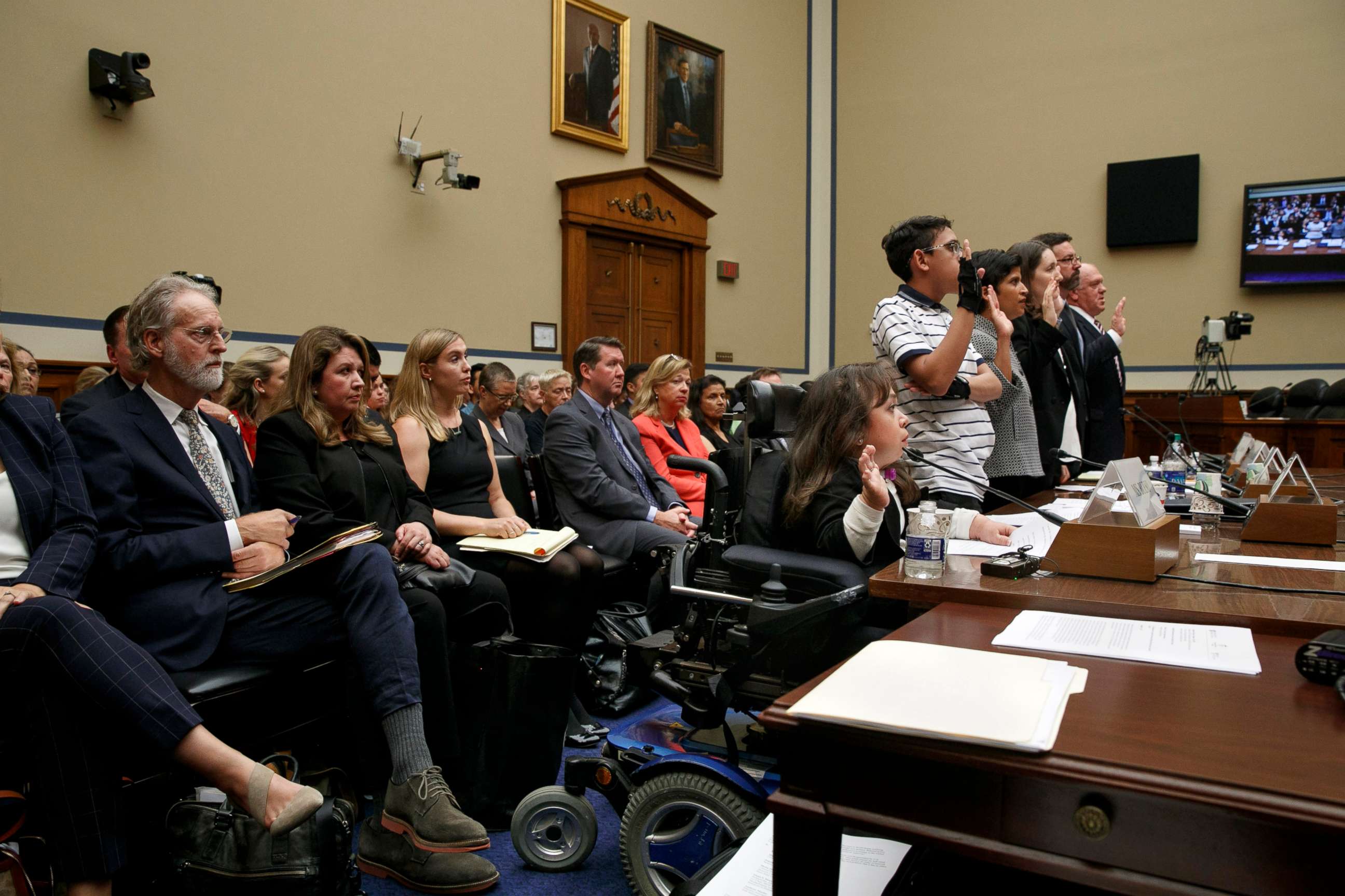 PHOTO: Witnesses including from left, Maria Isabel Bueso, Jonathan Sanchez, Shoba Sivaprasad Wadhia, Fiona Danaher, Anthony Marino and Thomas Homan are sworn in at a House Oversight subcommittee hearing, Sept. 11, 2019, in Washington.