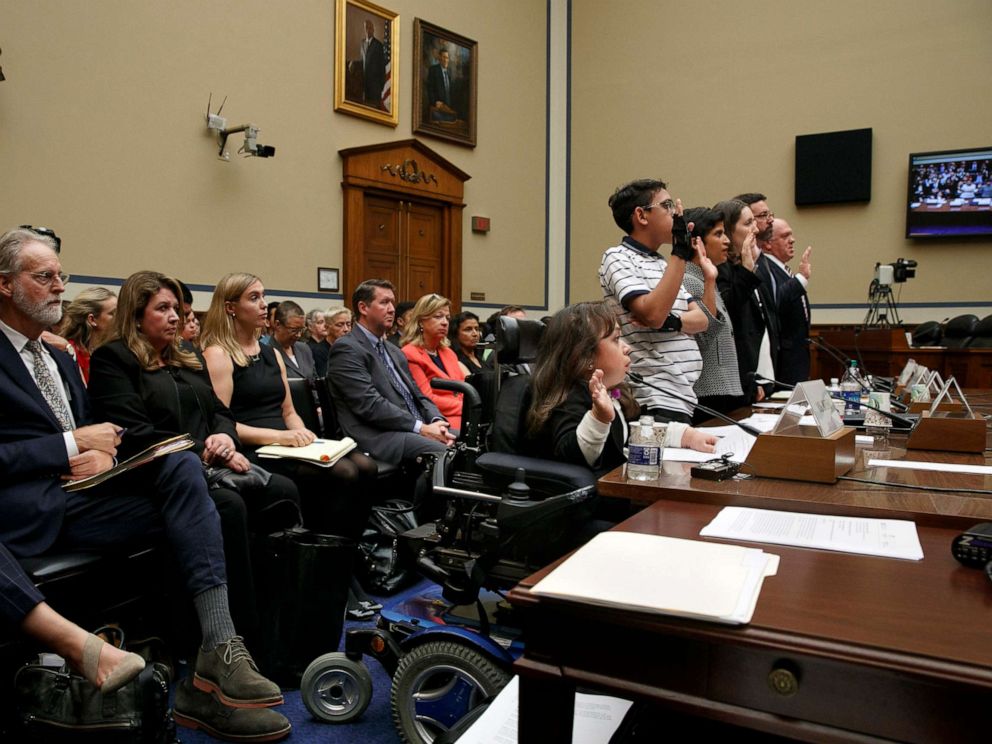 PHOTO: Witnesses including from left, Maria Isabel Bueso, Jonathan Sanchez, Shoba Sivaprasad Wadhia, Fiona Danaher, Anthony Marino and Thomas Homan are sworn in at a House Oversight subcommittee hearing, Sept. 11, 2019, in Washington.