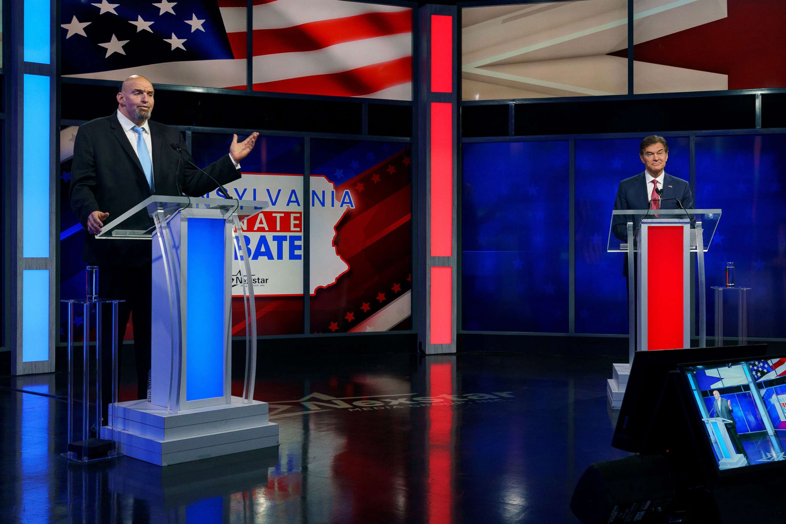 PHOTO: A handout photo made available by abc27 shows Democratic candidate Lt. Gov. John Fetterman (L) and Republican Pennsylvania Senate candidate Dr. Mehmet Oz (R) during their debate in Harrisburg, Penn., Oct. 25, 2022.