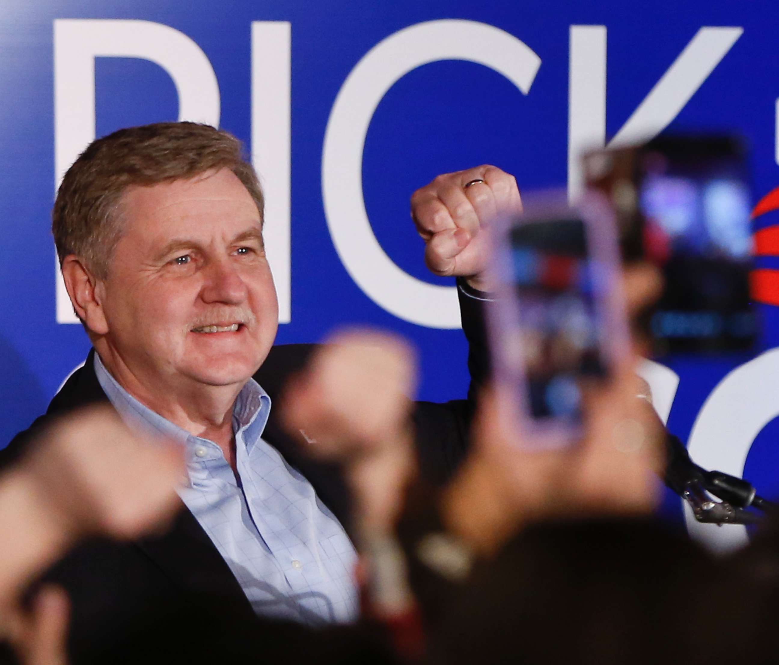 PHOTO: Republican Rick Saccone pumps his fist as he thanks supporters at the party watching the returns for a special election being held for the Pennsylvania 18th Congressional District, March 13, 2018 in McKeesport, Pa.