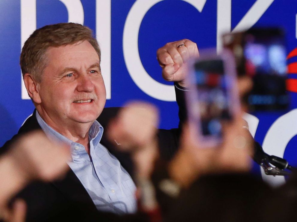PHOTO: Republican Rick Saccone pumps his fist as he thanks supporters at the party watching the returns for a special election being held for the Pennsylvania 18th Congressional District, March 13, 2018 in McKeesport, Pa.