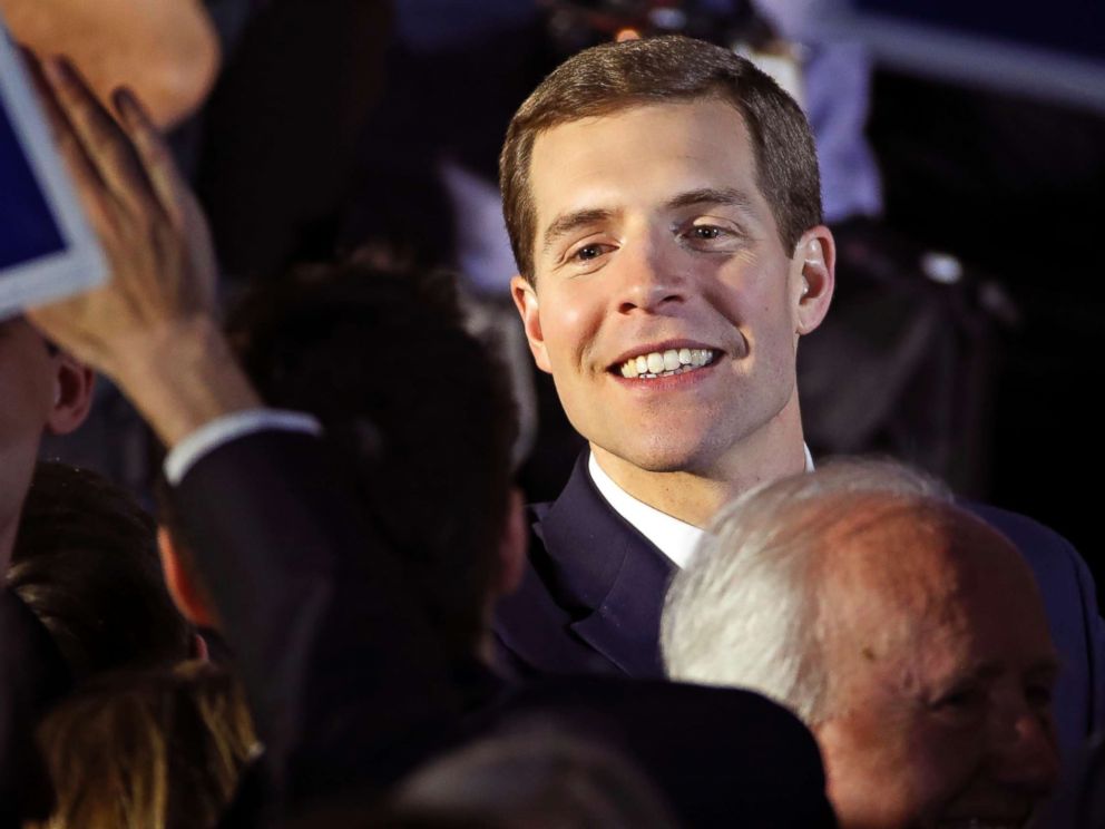 PHOTO: Conor Lamb celebrates with his supporters at his election night party in Canonsburg, Pa., early Wednesday, March 14, 2018.