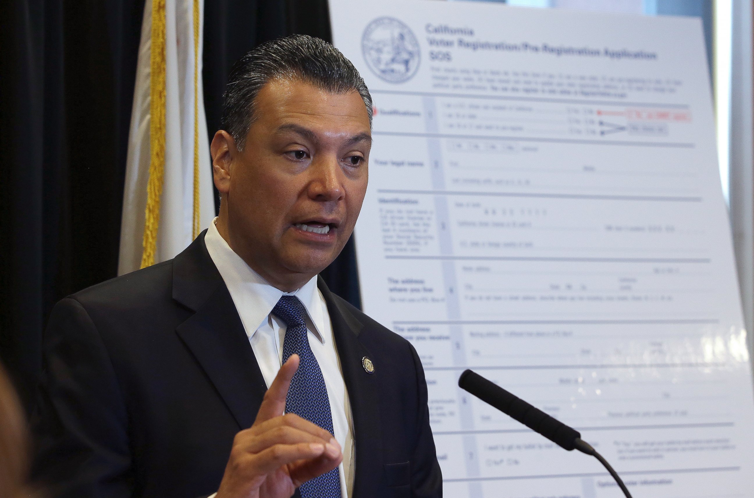 PHOTO: In this April 5, 2018, file photo, California Secretary of State Alex Padilla speaks in Sacramento, Calif. Padilla is urging Californians to oppose the Trump administration plan for a citizenship question on the 2020 census.