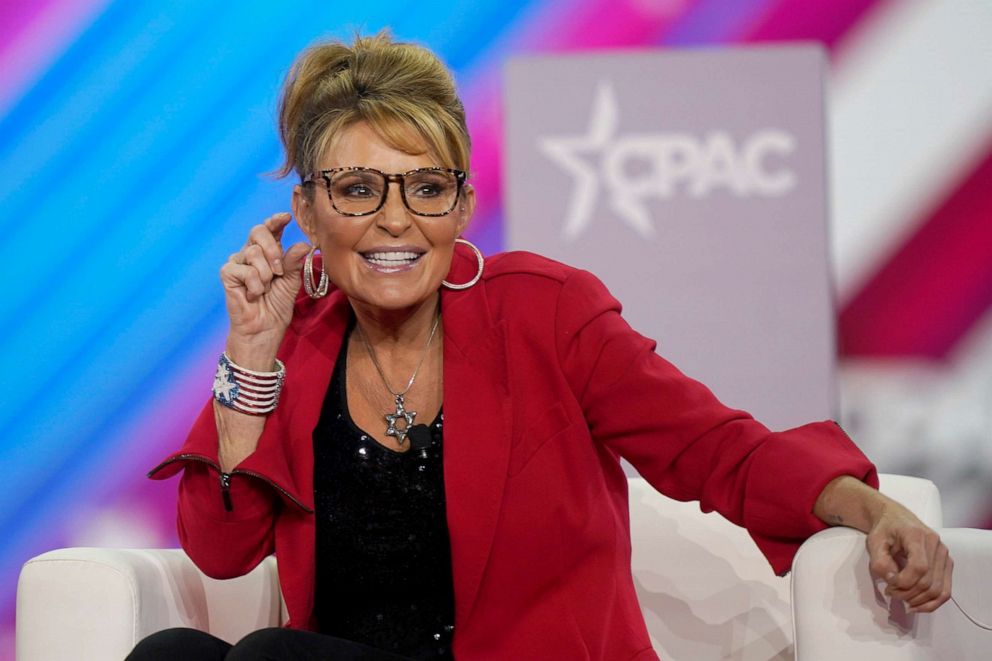 PHOTO: Former Alaska Gov. Sarah Palin makes a joke about the size of the state of Texas compared to Alaska during her appearance at the Conservative Political Action Conference (CPAC) in Dallas, Aug. 4, 2022.