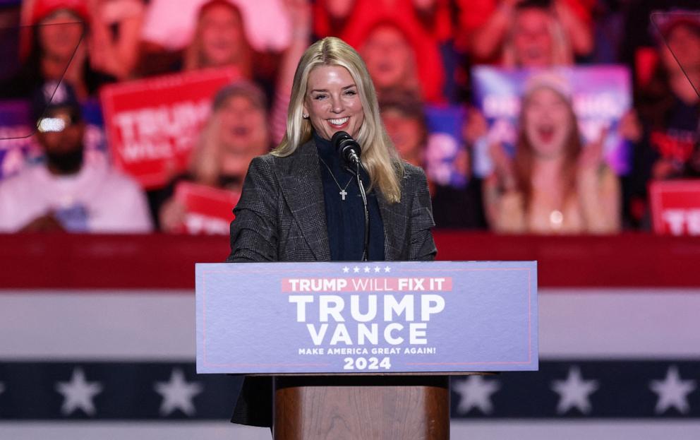 PHOTO: Former Florida Attorney General Pam Bondi speaks during a rally held by Republican presidential nominee and former U.S. President Donald Trump at the Greensboro Complex in Greensboro, North Carolina, Nov. 2, 2024. 