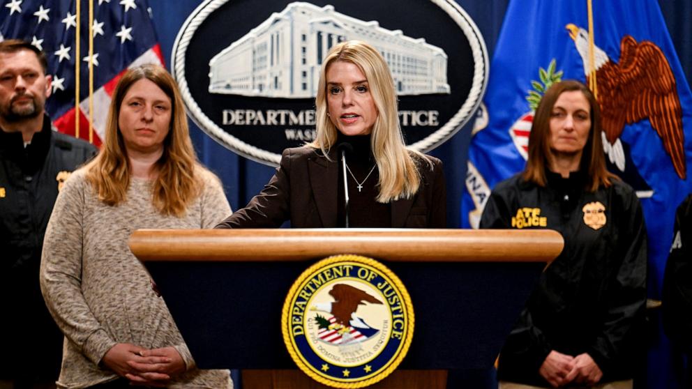 PHOTO: Attorney General Pam Bondi speaks as she announces an immigration enforcement action during her first press conference at the Justice Department in Washington, D.C., Feb. 12, 2025.