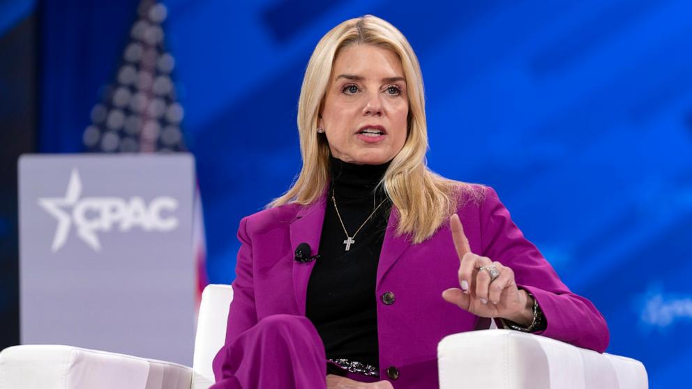 PHOTO: Attorney General Pam Bondi speaks at the Conservative Political Action Conference, CPAC, at the Gaylord National Resort & Convention Center, Feb. 20, 2025, in Oxon Hill, Md.
