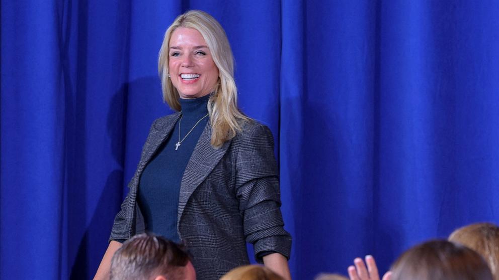 PHOTO: Former Florida Attorney General Pam Bondi takes the stage to speak at a campaign rally with Republican presidential nominee and former President Donald Trump in Gastonia, North Carolina, Nov. 2, 2024. 