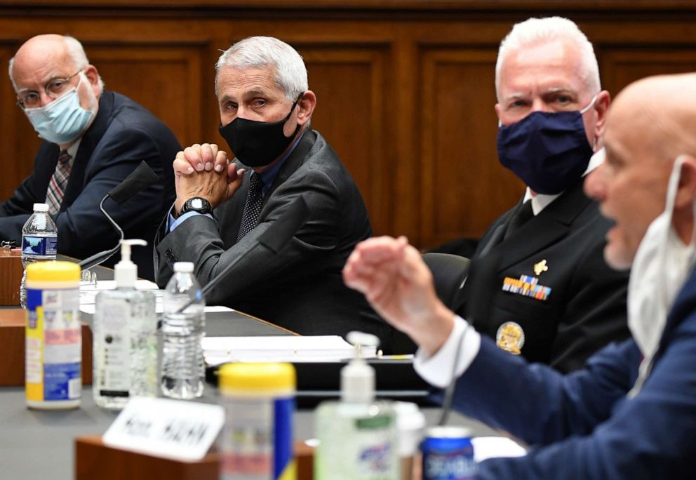 PHOTO: Dr. Robert Redfield, Dr. Anthony Fauci and Brett P. Giroir listen to Dr. Stephen M. Hahn as he testifies before the US Senate Health, Education, Labor, and Pensions Committee in Washington, DC on June 23, 2020.