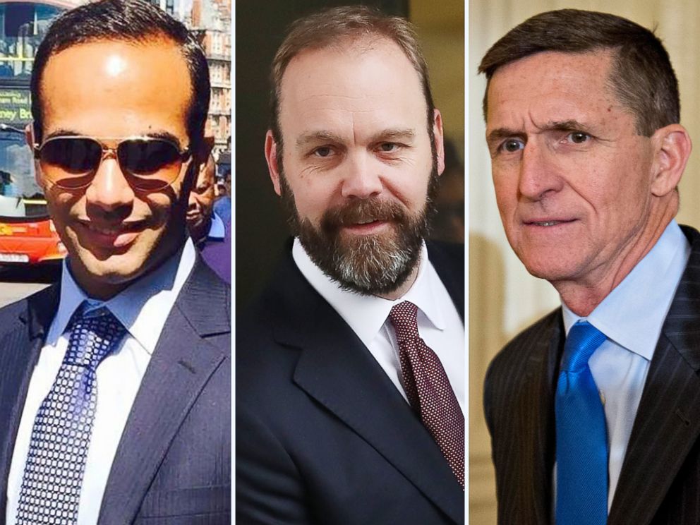 PHOTO: A combination image shows George Papadopoulos from his Linkedin profile, Richard Gates leaving court in 2018 and Michael Flynn at the White House in 2017.