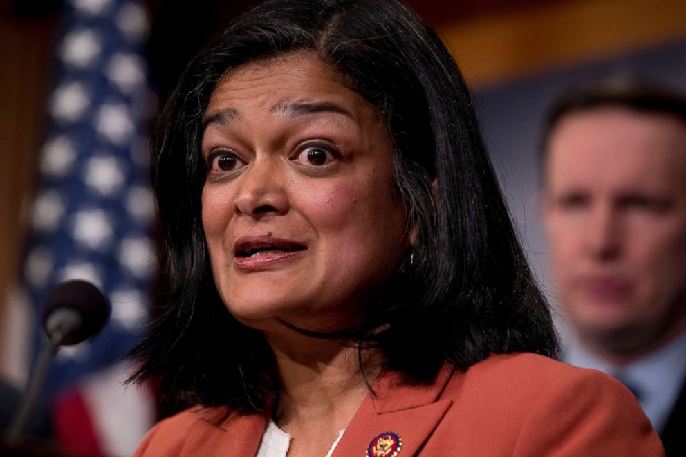 PHOTO: Rep. Pramila Jayapal, D-Wash, speaks at a news conference on Capitol Hill, , Jan. 30, 2019, on a reintroduction of a resolution to end U.S. support for the Saudi-led war in Yemen.