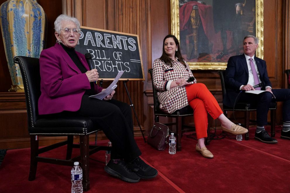 PHOTO: House Education and Workforce Committee Chairwoman Virginia Foxx, House Republican Conference Chairwoman Elise Stefanik and House Speaker Kevin McCarthy participate in an introduction of the "Parents' Bill of Rights," March 1, 2023, in Washington.