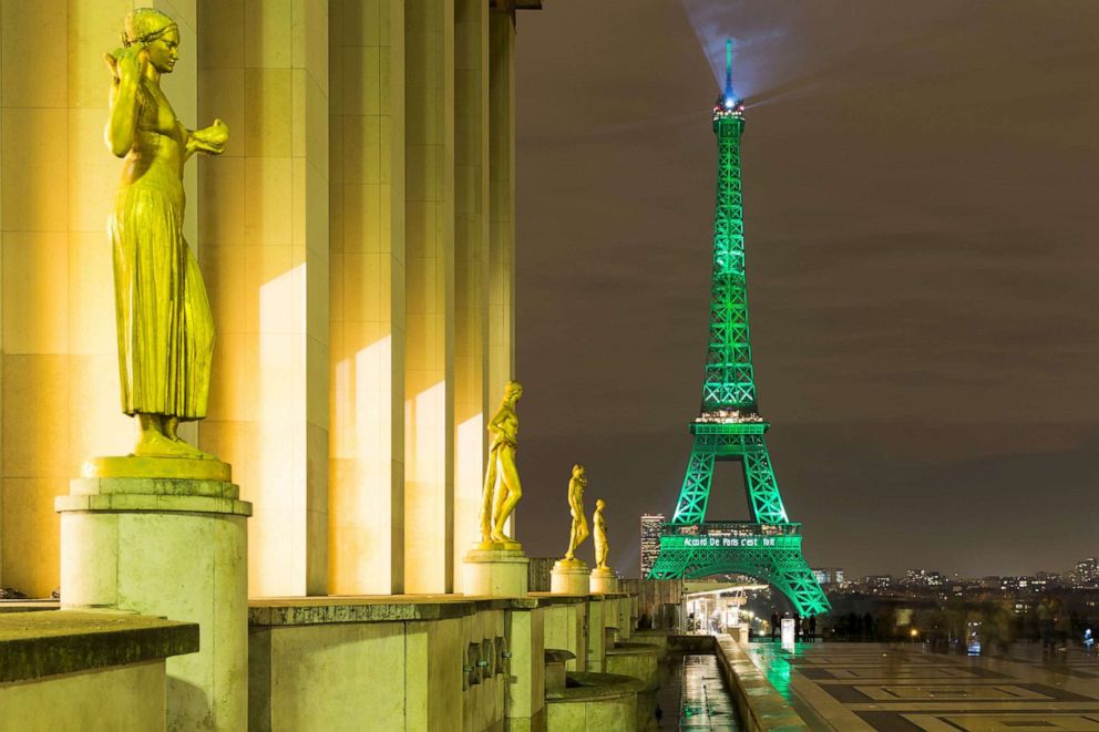 PHOTO: The Eiffel Tower is illuminated in green to celebrate the ratification of the climate change agreement, COP21,  in Paris, Nov. 4, 2016.