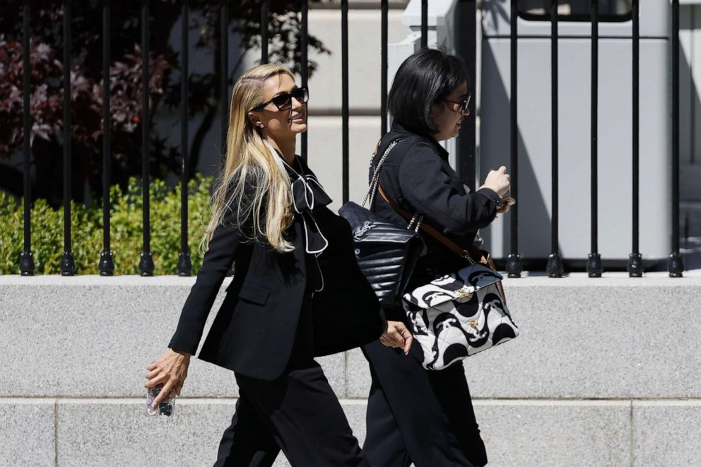 PHOTO: Paris Hilton walks out the Eisenhower Executive Office Building at the White House in Washington, D.C., on May 10, 2022.