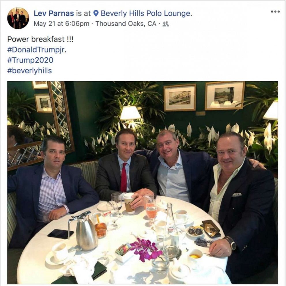 PHOTO: This Facebook screen shot provided by The Campaign Legal Center, shows from left, Donald Trump, Jr., Tommy Hicks, Jr., Lev Parnas and Igor Fruman, posted on May 21, 2018.