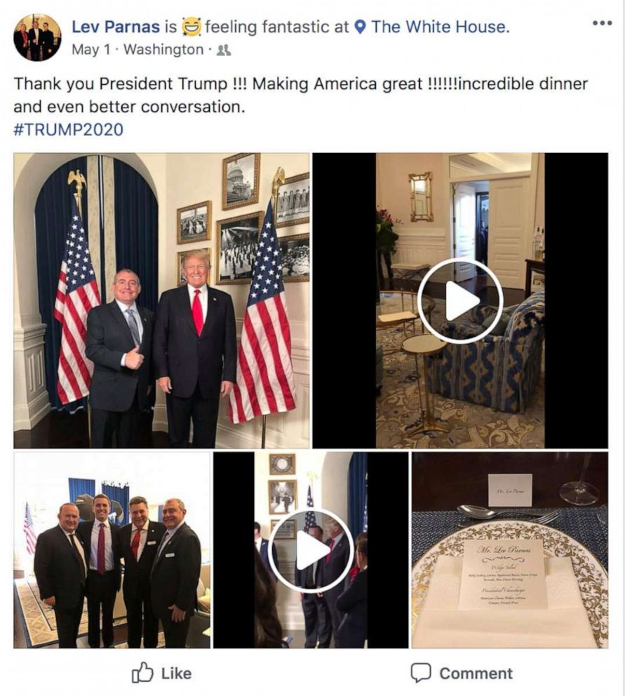 PHOTO: This Facebook screen shot provided by The Campaign Legal Center, shows President Donald Trump standing with Lev Parnas, top left photo, at the White House in Washington, posted on May 1, 2018.