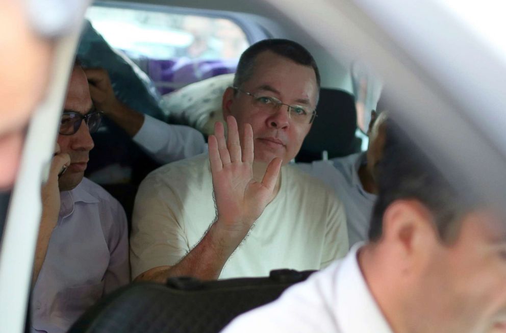 PHOTO: Andrew Craig Brunson, an evangelical pastor from Black Mountain, N.C., waves from a car as he arrives at his house in Izmir, Turkey, July 25, 2018.