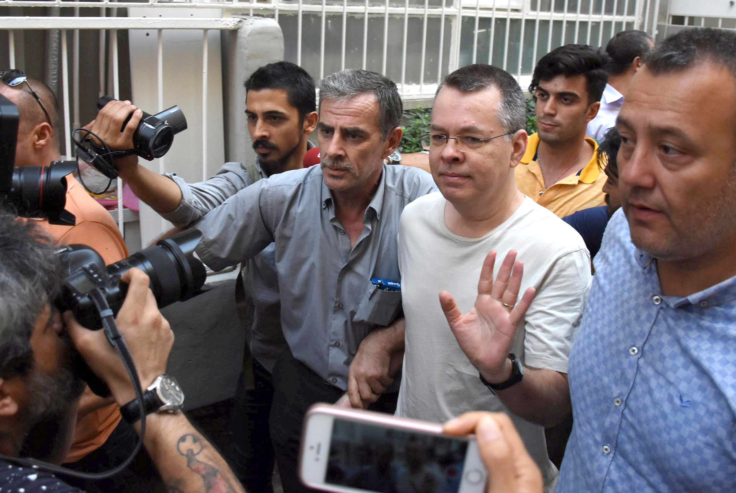 PHOTO: U.S. pastor Andrew Brunson reacts as he arrives at his home after being released from the prison in Izmir, Turkey, July 25, 2018.