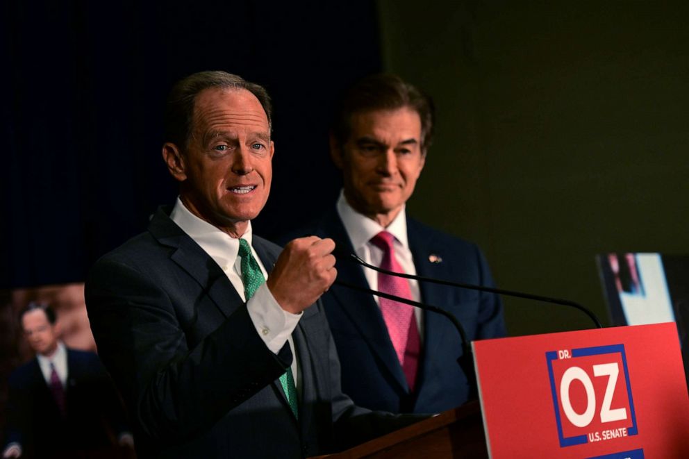 PHOTO: Sen. Pat Toomey holds a press conference with Senate candidate Dr. Mehmet Oz on Sept. 6, 2022, in Philadelphia.