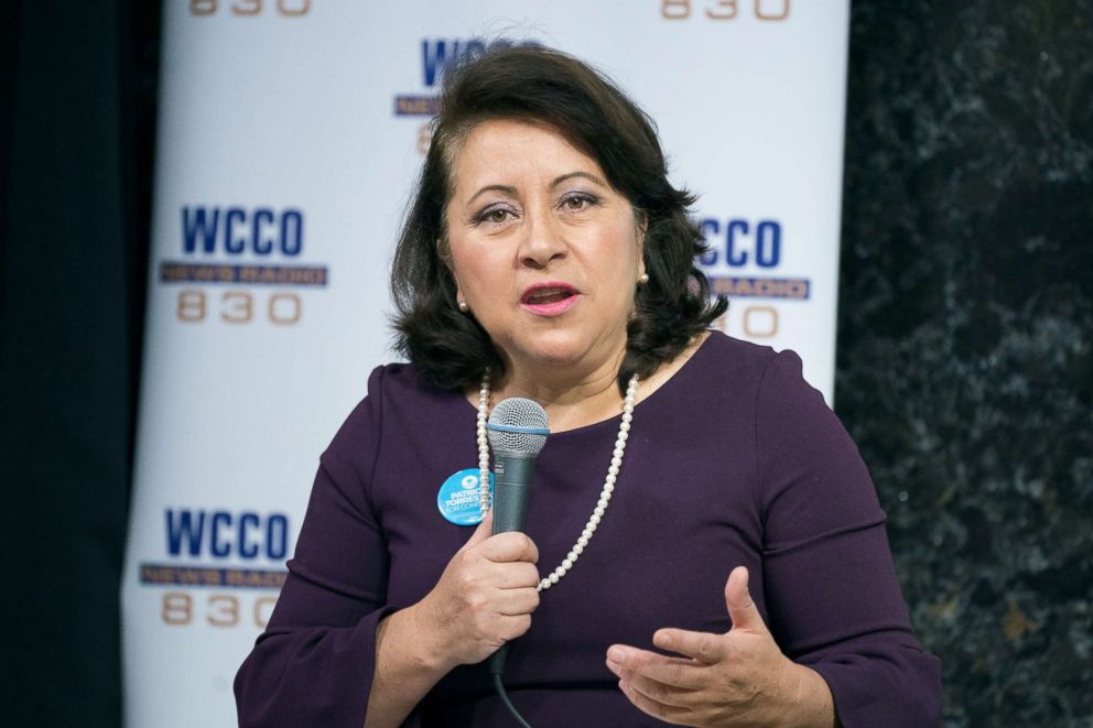 PHOTO: Patricia Torres-Ray speaks at debate, Aug. 2, 2018, in Minneapolis, Minn.