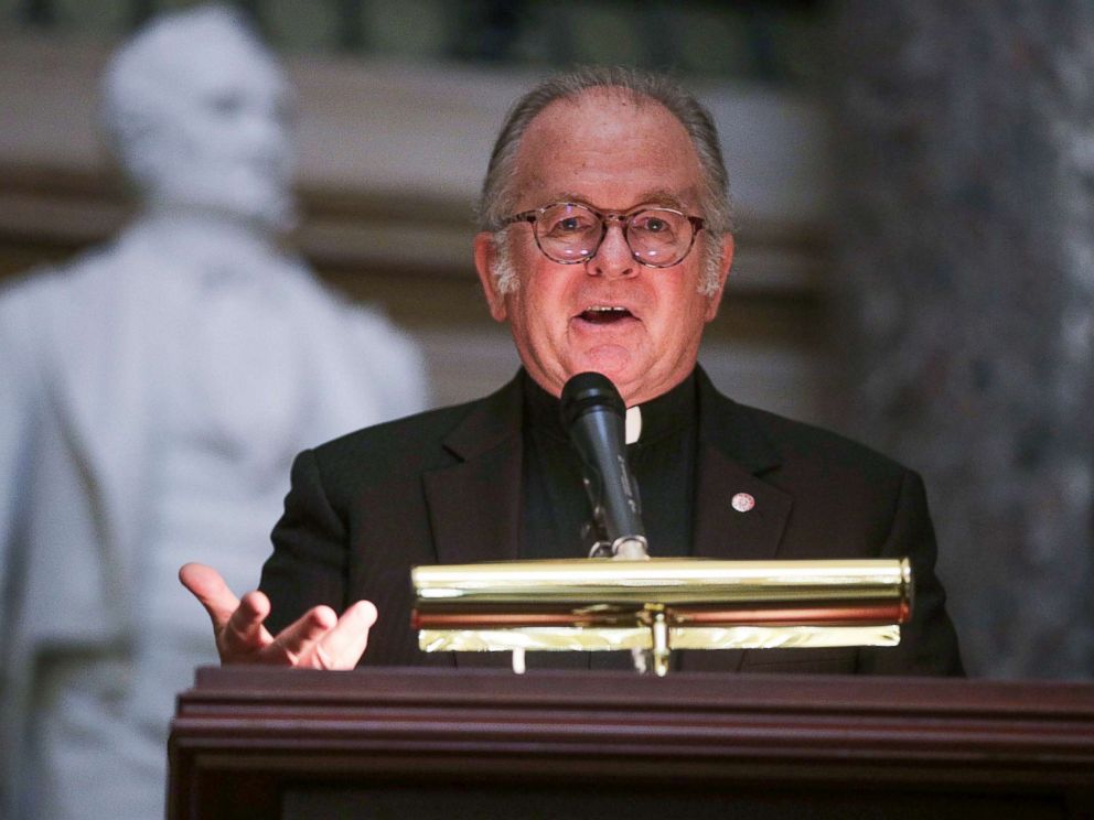 PHOTO: Father Patrick Conroy speaks during a memorial service at the National Statuary Hall of the Capitol Sept. 27, 2017, in Washington.