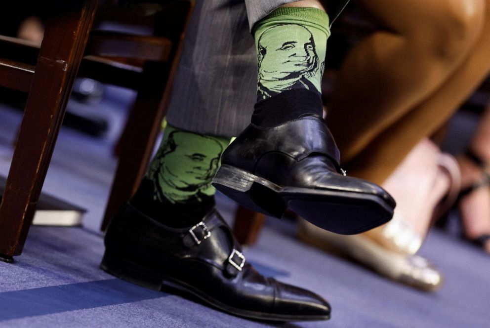 PHOTO: Patrick Jackson, husband of Judge Ketanji Brown Jackson, wears Benjamin Franklin-themed socks as he attends a Senate Judiciary Committee confirmation hearing on Judge Jackson's nomination to the Supreme Court in Washington, March 22, 2022.