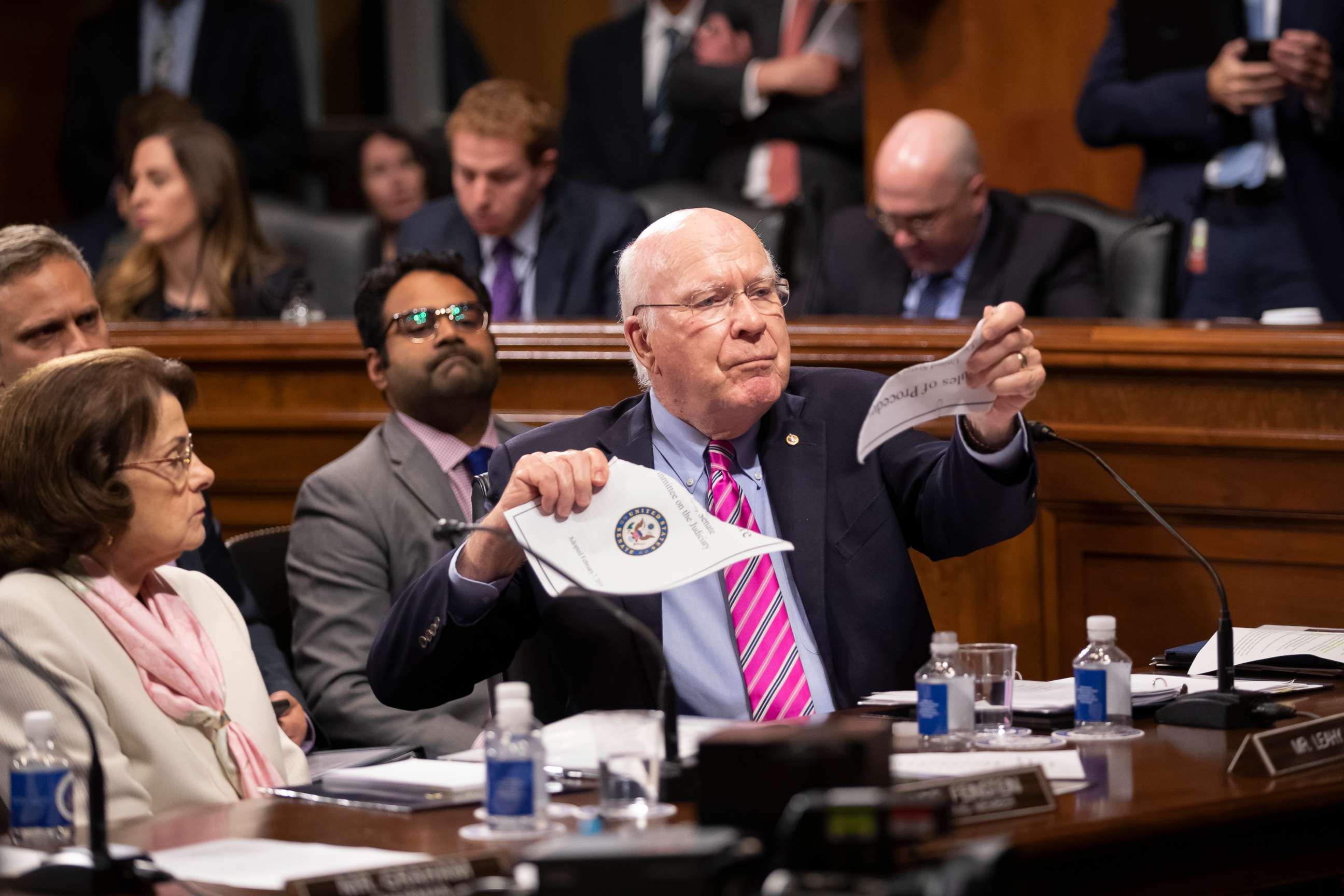 PHOTO: Sen. Patrick Leahy, a former chairman of the Senate Judiciary Committee, rips a copy of the committee rules of procedure on Capitol Hill in Washington, Aug. 1, 2019.
