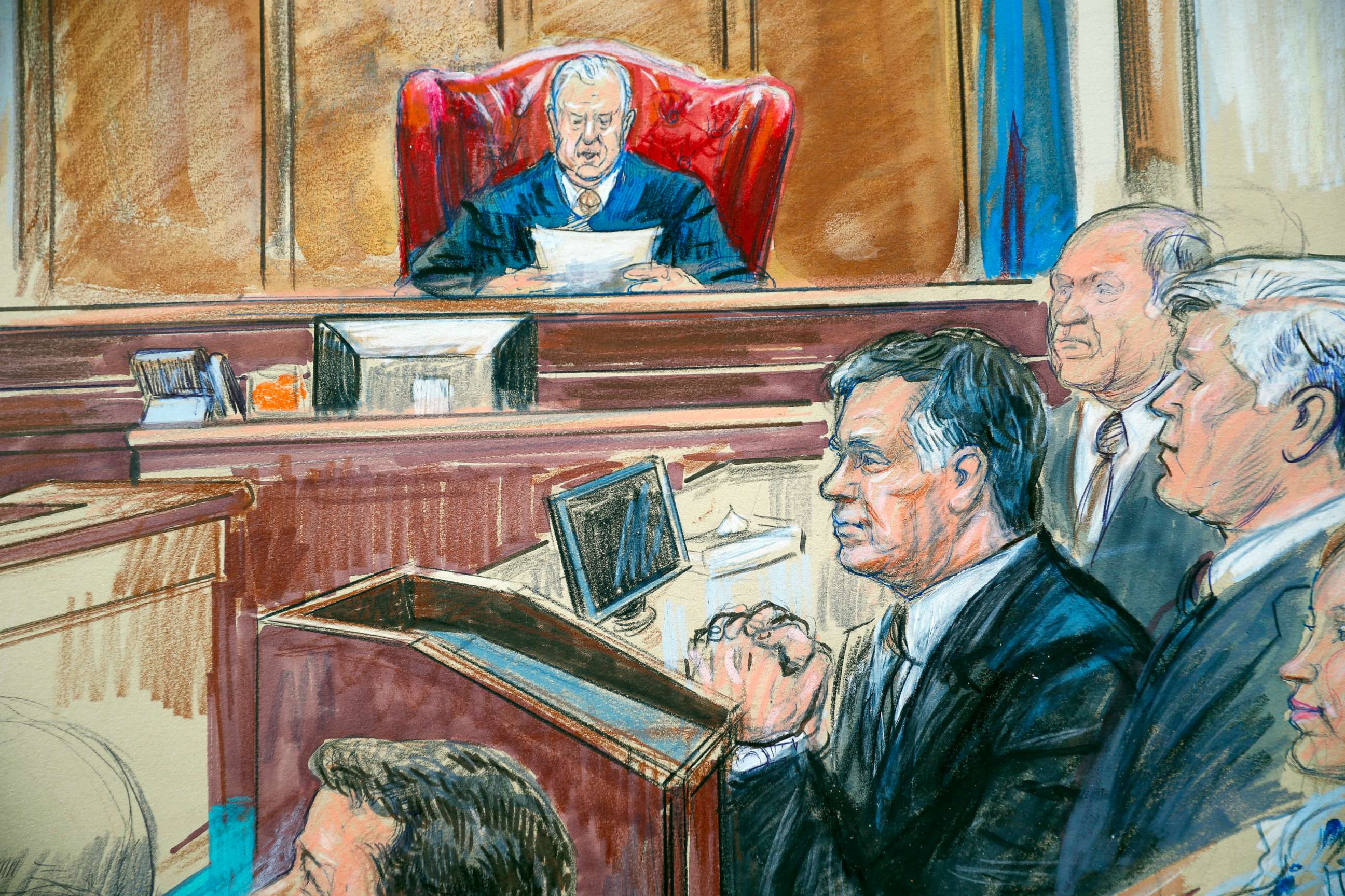 PHOTO: This courtroom sketch shows Paul Manafort listening to U.S. District court Judge T.S. Ellis III at federal court in Alexandria, Va., Tuesday, Aug. 21, 2018.