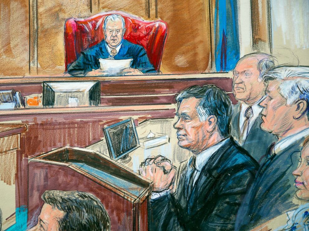 PHOTO: This courtroom sketch shows Paul Manafort listening to U.S. District court Judge T.S. Ellis III at federal court in Alexandria, Va., Tuesday, Aug. 21, 2018.