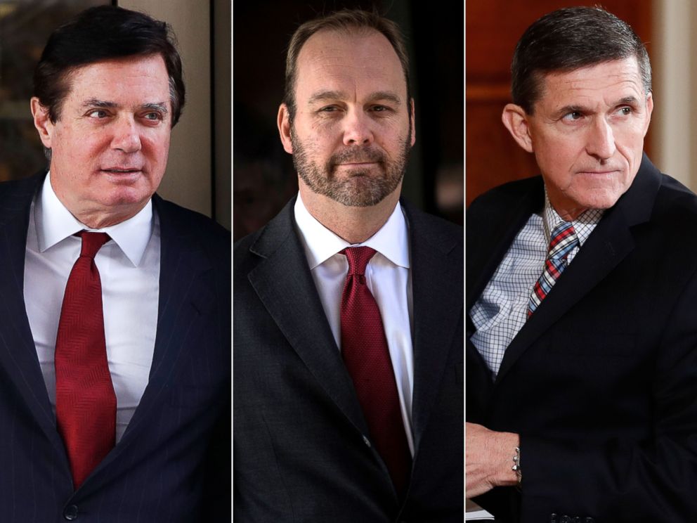 PHOTO: Paul Manafort on Nov. 6, 2017. | Rick Gates on Dec. 11, 2017. | Michael Flynn on Feb. 10, 2017.