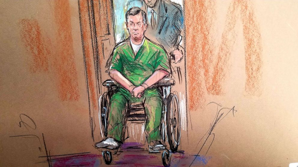 PHOTO: Former Trump campaign chairman Paul Manafort, appears in a wheelchair at the Albert V. Bryan United States Courthouse Oct. 19, 2018 in Alexandria, Virginia.