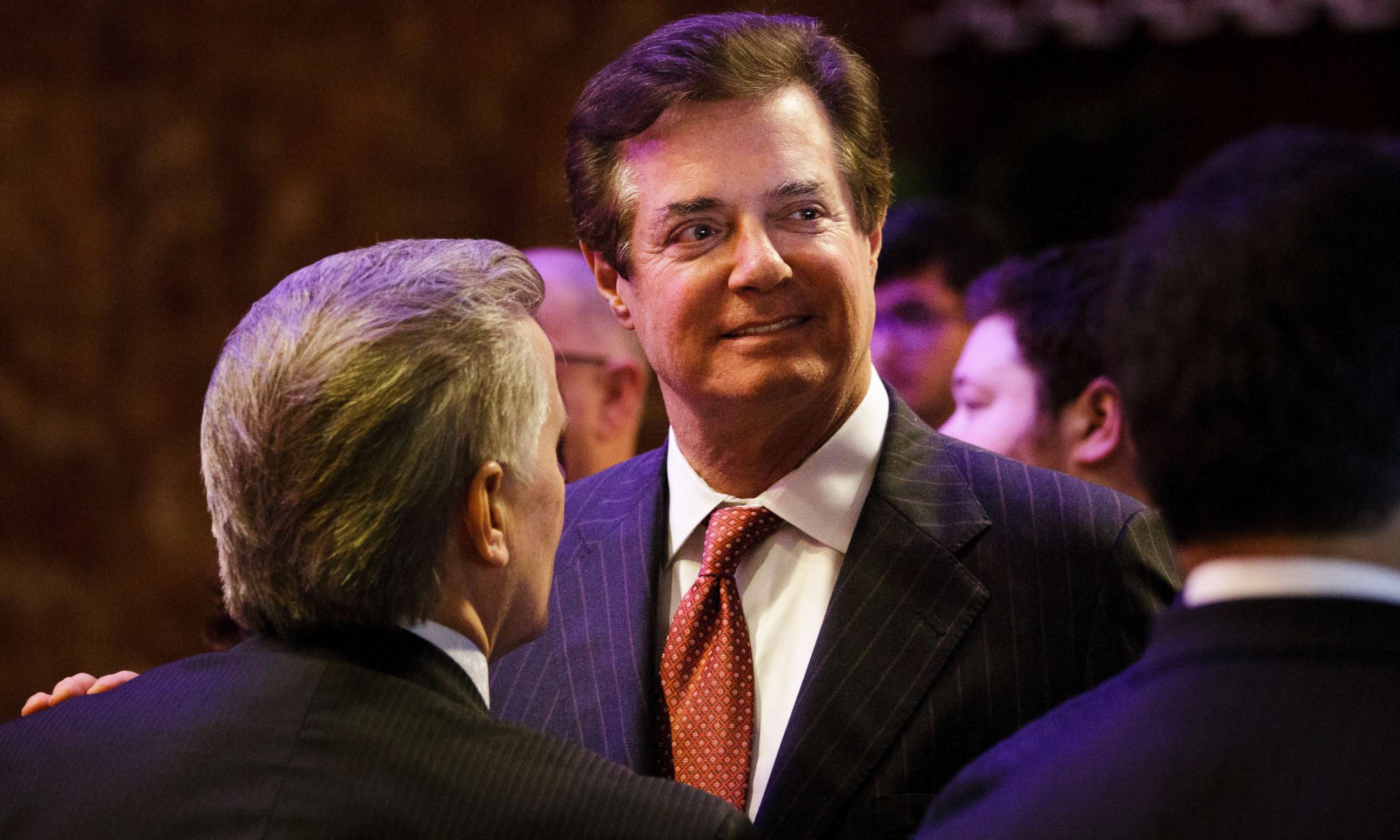 PHOTO: Former head of the Trump presidential campaign Paul Manafort talks with supporters and staff after a speech by Trump on the eve of his Indiana primary victory in New York, May 3, 2016.