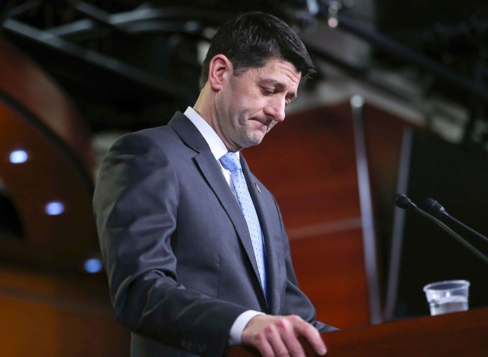 PHOTO: House Speaker Paul Ryan of Wis., pauses as he speaks to the media during a news conference, Feb. 15, 2018, on Capitol Hill in Washington.