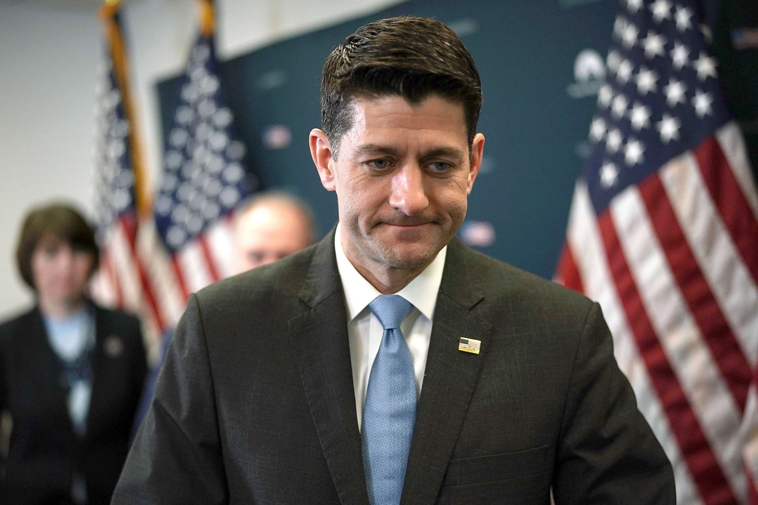 PHOTO: Speaker of the House Rep. Paul Ryan (R-WI) leaves after a news briefing after the weekly House Republican Conference meeting March 20, 2018 at the Capitol in Washington, DC.