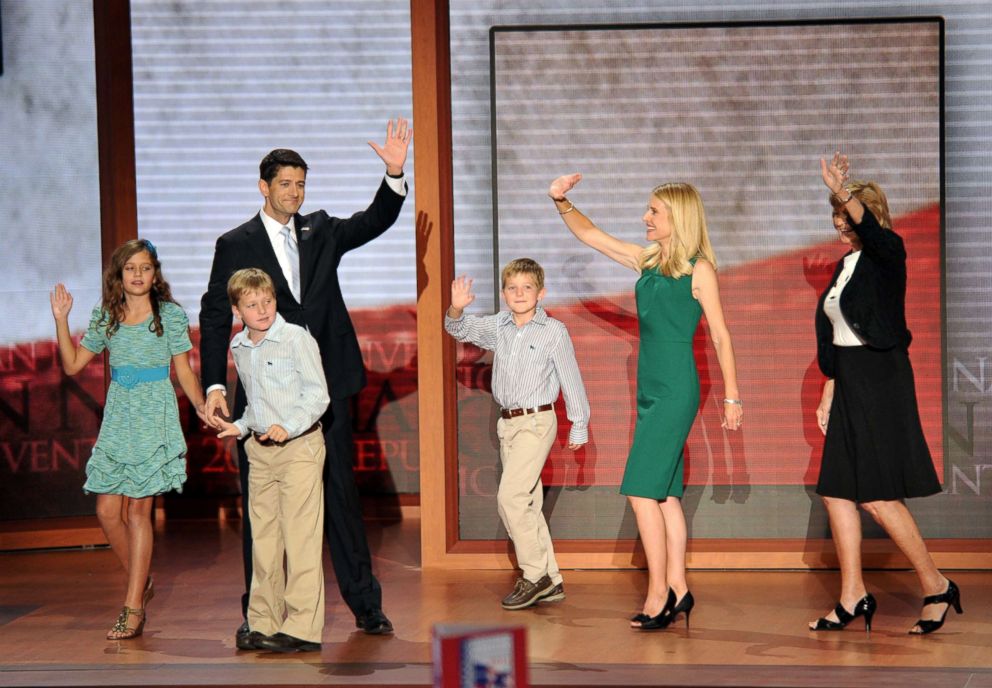 PHOTO: Republican vice presidential nominee Paul Ryan with his wife Janna Ryan, mother Betty Douglas, right, and children (L-R) Liza, Charlie and Sam after Ryan's speech at the Tampa Bay Times Forum in Tampa, Fla., on Aug. 29, 2012.