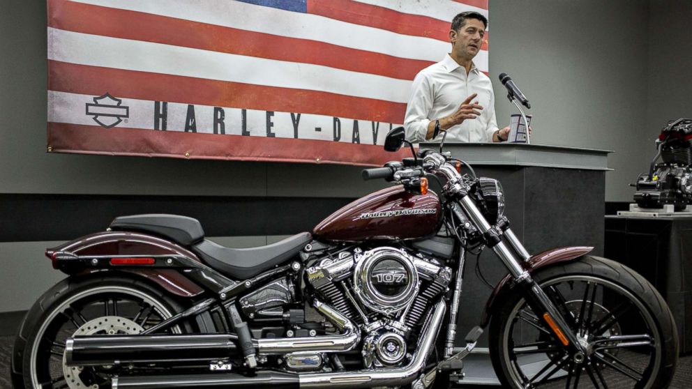 PHOTO: House Speaker Paul Ryan speaks during a news conference following a tour of the Harley-Davidson Inc. facility in Menomonee Falls, Wis., Sept. 18, 2017.
