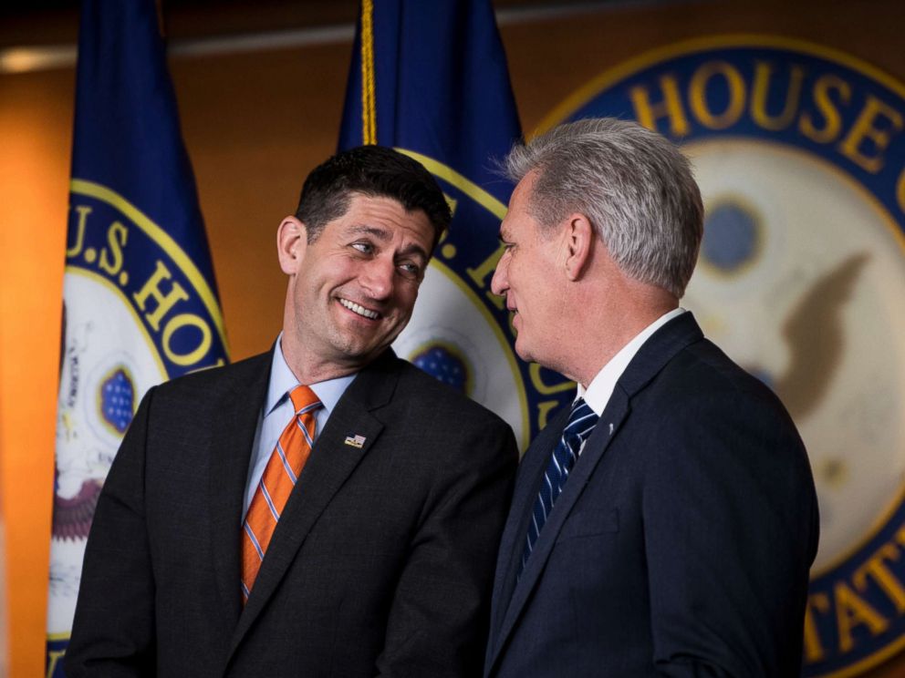 PHOTO: Speaker of the House Paul Ryan and House Majority Leader Kevin McCarthy talk during the House GOP press conference in the Capitol following the House Republican Conference meeting on May 16, 2018.