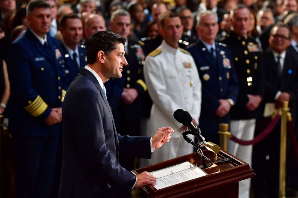 PHOTO: Speaker of the House of Representatives Paul Ryan speaks as former Senator John McCain lies in state in the Capitol Rotunda at the Capitol, in Washington, on Aug. 31, 2018. 